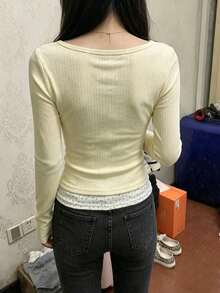 二合一碎花T恤 女式夏季休闲针织T恤上衣 春季 - 杏色 - 查看 6