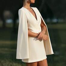 White Double-Breasted Cape Blazer Mini Dress With V-Neck, Elegant Business Office Formal Cocktail Short Dress For Women - Màu xanh lam - Xem 4
