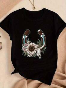 Women's Printed T-Shirt, Lightweight, Breathable, Comfortable, And Versatile. 100% Cotton, Cool And Airy, Machine Washable. Stylish Summer Wear With A Modern, Urban Feel. - 黑色 - 查看 2