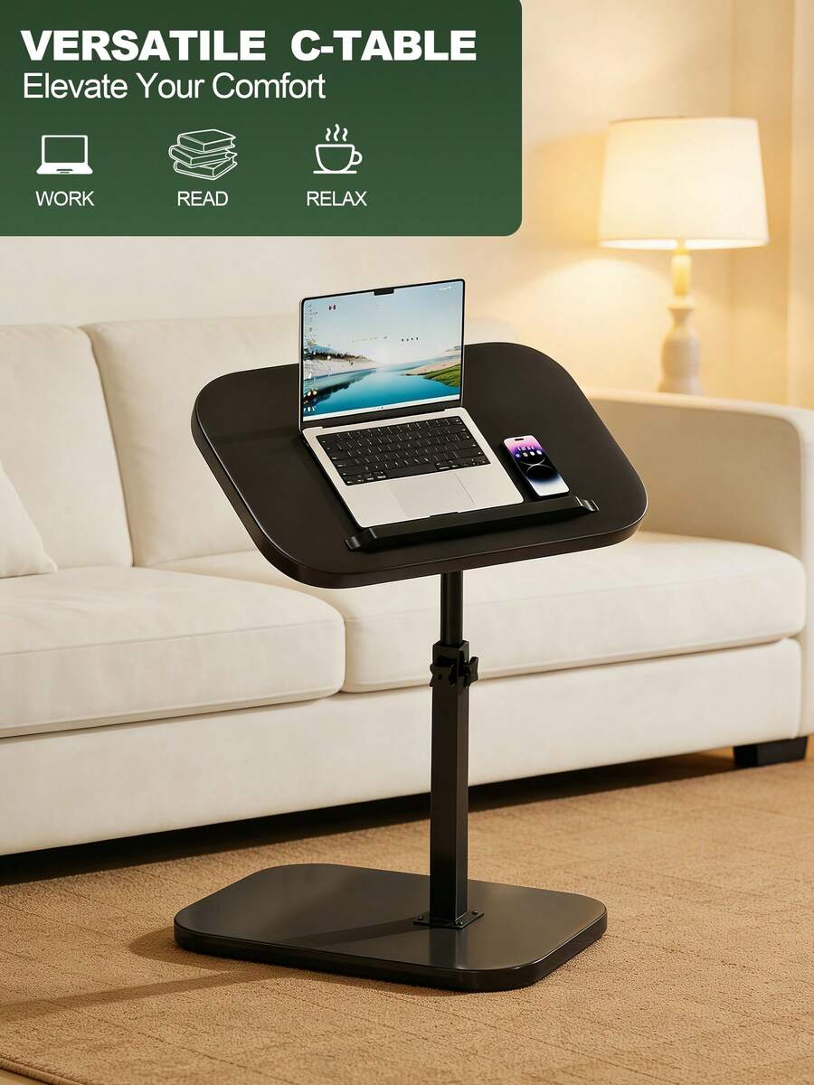 Adjustable C Table End Table, Height Adjustable 360° Swivel TV Tray Table, Snack Side Table For Bed Or Chair With Phone & Tablet Slot - Black - View 1