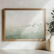 1幅鼠尾草绿日式壁画，侘寂风格，适合床头装饰，鸟类主题，完美契合公寓装饰，鼠尾草绿鸟类插画海报，禅意中性装饰，现代亚洲风情艺术版画，不含画框 - 風景 - 查看 5