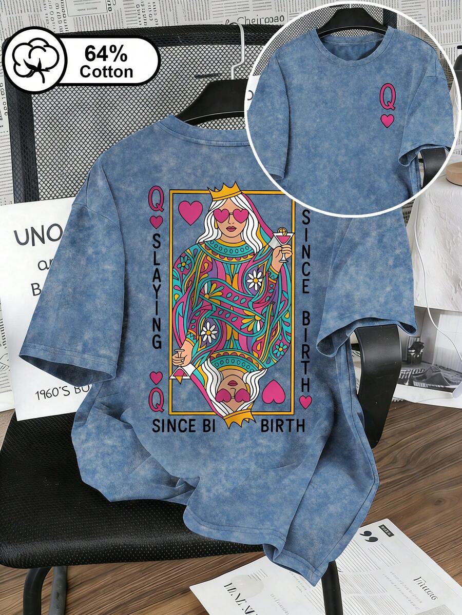 大码女式休闲服，双面红皇后印花，复古雪花水洗短袖T恤，Y2K风格，运动风，女士夏季上衣 - 藍色 - 查看 1