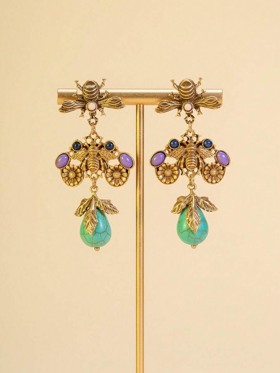 1 Pair Vintage Bee Earrings, Distressed Gold-Tone Jewel Earrings, Bohemian Green Turquoise Teardrop Dangle Earrings, Women Jewelry Gift