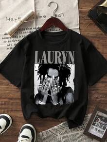 Vintage Lauryn Hill Black And White Portrait Printed T-Shirt, Eye-Catching 90s Hip-Hop Style T-Shirt, Suitable For Daily Activities - Black - View 2