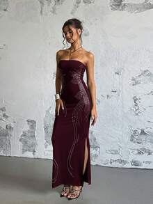 Vestido Cuello Bardot con Pedrería y Ala Decorativa, Corte Favorecedor para Figura - Burdeos - Ver 1