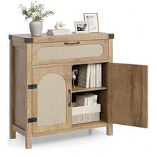 Rattan Sideboard Buffet Cabinets With Storage, Buffet With Drawer, Adjustable Shelves, - Wood Color - View 6
