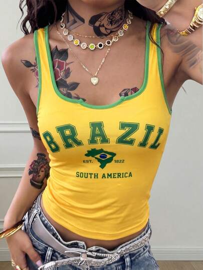 Y2K Brazil Flag Print Tank Top ,Slim Fit Sleeveless Summer Sport OOTD