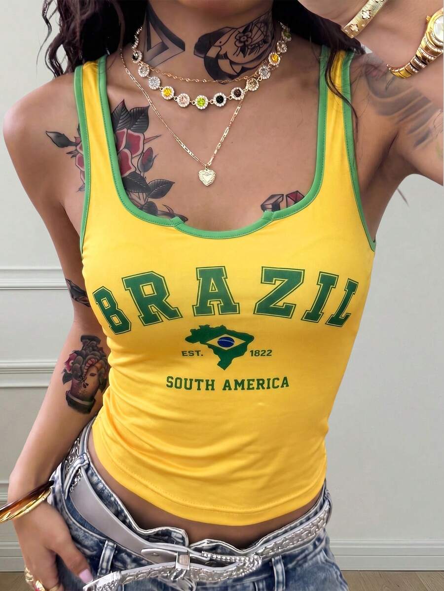 Áo tank top in hình cờ Brazil thời Y2K, dáng ôm không tay, thích hợp cho mùa hè, phong cách thể thao. - Màu vàng - Xem 1