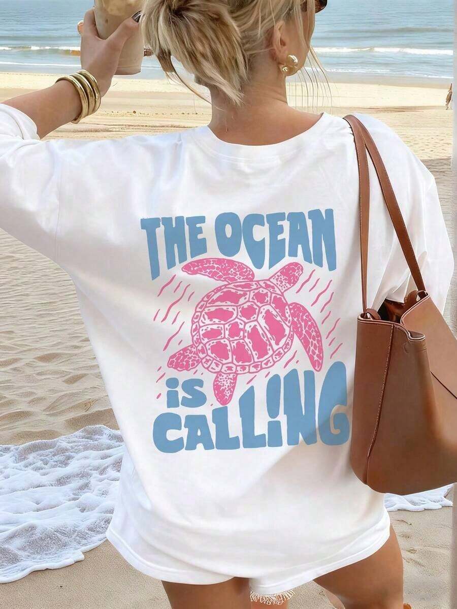 Camiseta de mujer de cuello redondo con estampado de letras de vida oceánica de verano, camiseta gráfica, blanca, negra, rosa casual - Blanco 5 - Ver 1