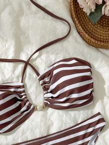 Bộ bikini 2 mảnh kẻ sọc thanh lịch không lưng kèm phụ kiện đính hạt, thích hợp đi biển. - Nhiều màu - Xem 4