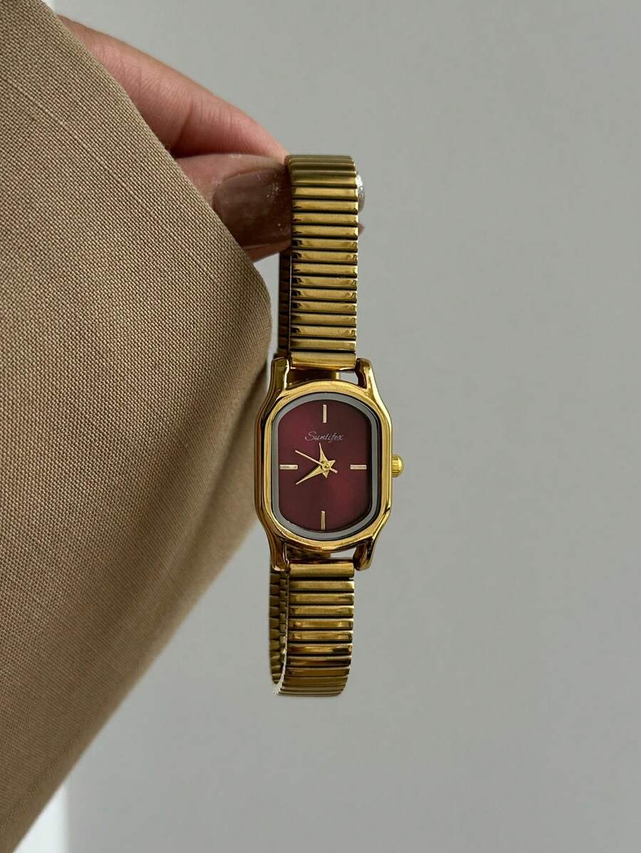 1pc Gold/Silver Square Bamboo Quartz Watch, Suitable For Daily Wear, Birthday & Christmas Gift - Gold - View 1