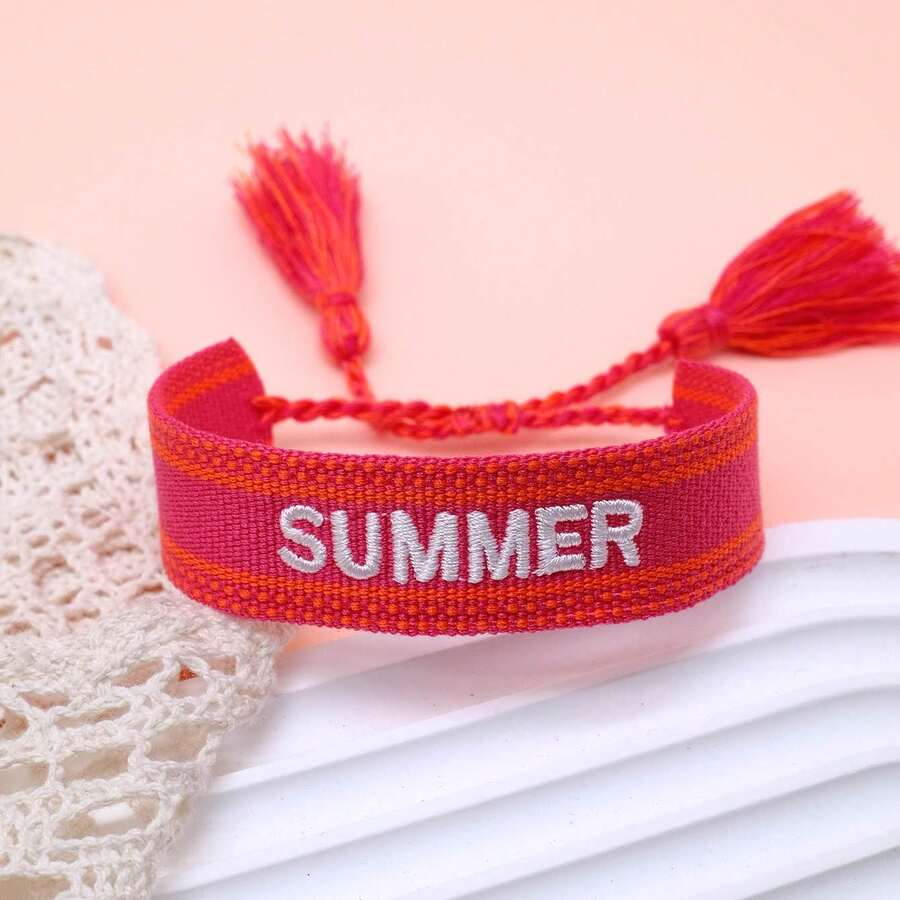 1件 SUMMER 字母手鍊,波西米亞海灘度假風友誼手鍊,假期派對海邊旅行禮物手工繩 - 玫紅色 - 查看 1