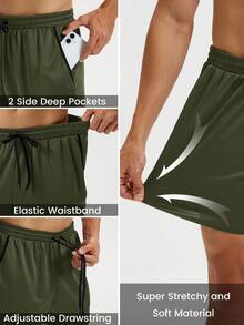 KEFITEVD Men's Sports Fitness Shorts, High-Quality Mesh Fabric, 4-Way Stretch, Lightweight & Breathable, Super Soft, Deep Side Pockets, Adjustable Drawstring, Suitable For Gym Training & Fitness Activities - Army Green - View 6