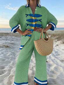MOOSGOP Beach Vacation Series: Women's Loose Casual Plaid Patchwork Lemon & Sardine Print Long Sleeve Top And Pants Set, Autumn/Winter - Teal - View 3