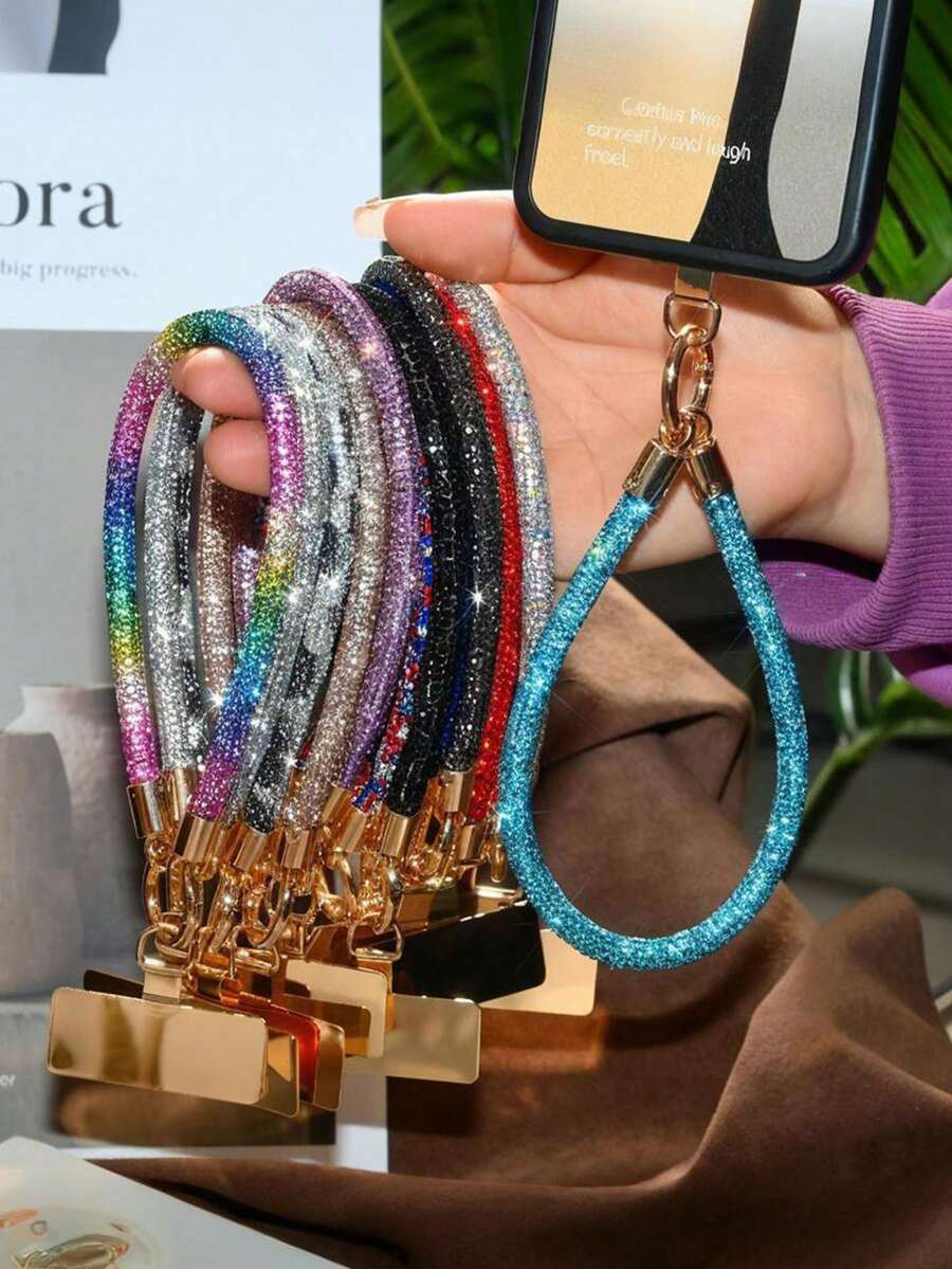 1条镶满水钻的闪亮金色短款金属腕带,时尚手机挂绳 - 彩色 - 查看 1