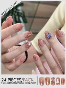 24pcs Square/Nude Tea Ombre Purple Rhinestone Elegant Nail Stickers, Filled With Fresh And Pure Atmosphere, Understated Luxury - Multicolor - View 1
