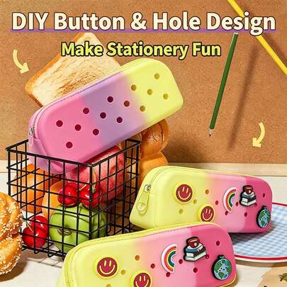 Creative Dopamine Perforated DIY Stationery Bag, Portable Foldable Silicone Pencil Case For Students