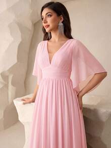 Butterfly Sleeve Chiffon Bridesmaid Dress, Elegant Dress, Suitable For Bride, Birthday, Graduation, Formal Evening Gown Wedding Pink - Pink - View 4