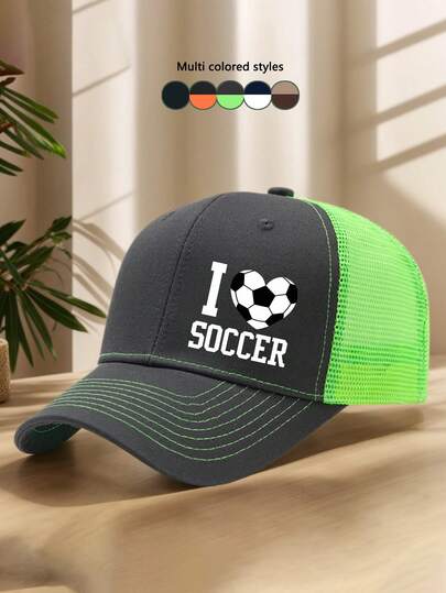 1 chiếc mũ lưỡi trai nam in chữ 3D "I Love Soccer" thoáng khí, thích hợp cho World Cup, cắm trại, câu cá, hoạt động ngoài trời, mọi mùa. Mũ vành cong, thời trang, có thể điều chỉnh kích cỡ, phù hợp để phối đồ hàng ngày, làm quà tặng ngày lễ.
