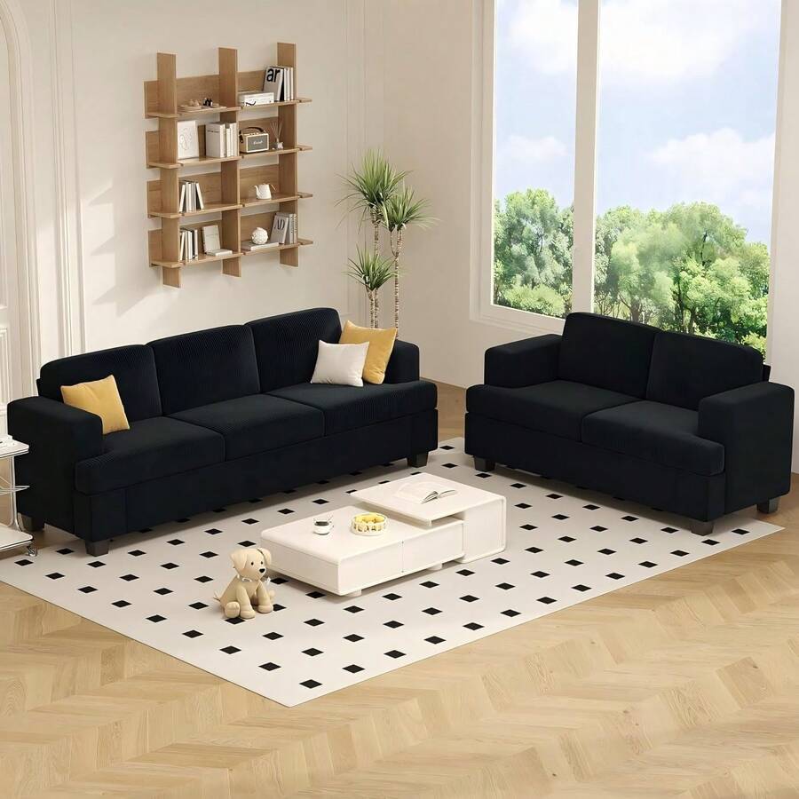 Apicizon Conjuntos de Sofá de Dos Plazas y Tres Plazas, Sofá de 89" para Muebles de Sala de Estar, Sofá Cama Moderno de 2 Piezas con Asiento Profundo, Sofá Nube para Salón de Apartamento, Terciopelo Negro - Pana blanca - Ver 1