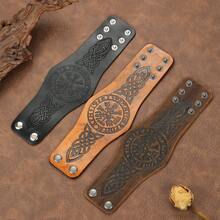 1pc Wide Leather Printed Bracelet, Suitable For Men, Fashionable Accessory For Biking, Exquisite Father's Day Gift - B697 - View 3
