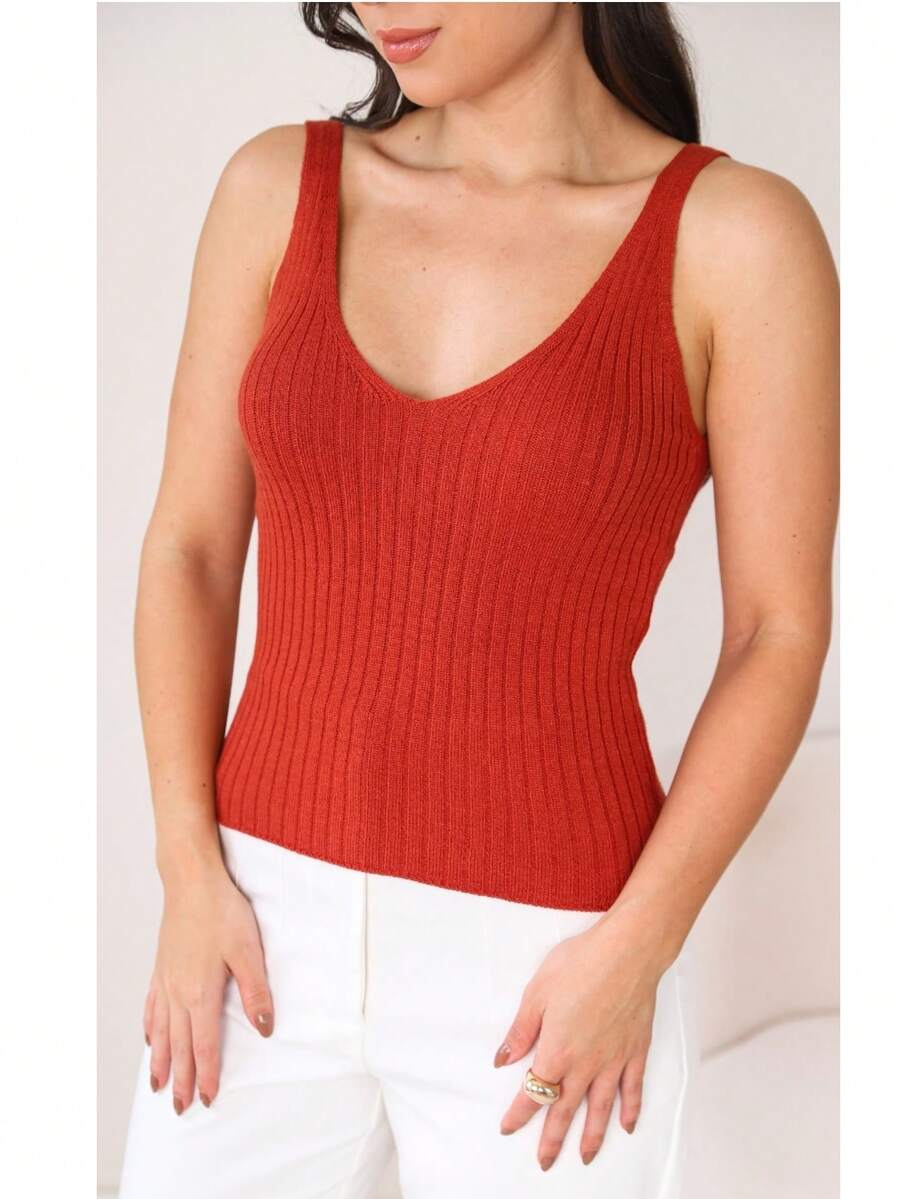 Women's Basic Ribbed Modal Knit Tank Top With Wide Straps, Casual Knit Summer Blouse - Red - View 1