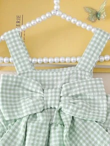 Pelele sin mangas con estampado de cuadros, decoración de lazo 3D y diseño de botones para niñas bebé, adecuado para salidas diarias en primavera y verano - Verde - Ver 5