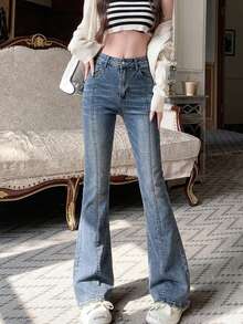 Women's Solid Color Flared Leg Slim Fit Casual Jeans, All Season - Blue - View 7