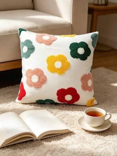 1 pieza Funda de cojín decorativa con bordado floral colorido, funda de cojín decorativa con flores de contraste multicolor para sala de estar y sofá