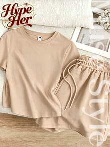 HypeHer 2026 Hot-Selling Style, Women's Short-Sleeve Crew Neck T-Shirt And Drawstring Pocket Shorts Two-Piece Set, Women's TwoPiece Comfortable Outfit - 杏色 - 查看 4