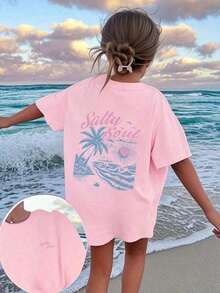 2026 Tropical Vacation Outfits2026 New Arrival Women's High Quality Salty Soul Graphic T-Shirt, Premium Cotton Vintage Washed Oversized Tee With Palm - 粉色 - 查看 10