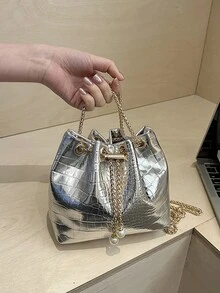 Fashionable Solid Color Chain Strap Mini Bucket Crossbody Bag - Silver - View 3