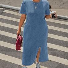 Blue Knitted Plus Size Denim Style Midi Dress For Women With Short Sleeves And High Neck Casual Split - Azul - Ver 4