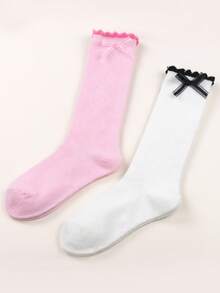 2 Pairs Solid Color Girls' Knee-High Socks, Ribbon Bow Decor, Textured Fabric, Breathable & Absorbent, Minimalist Princess Style, Suitable For 3-8 Years Old, Multi-Occasion - Multicolor - View 12