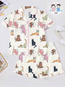 2 Stücke süßer, bunter Katzendruck Kinder Pyjama Set, Kurzarm Shorts Lässig Outfit, mit Cartoon Katzendruck, geeignet für Tween-Mädchen, Lässig Homewear oder Nachtwäsche, 2-teiliges Set - Aprikosenfarben - Übersicht 1