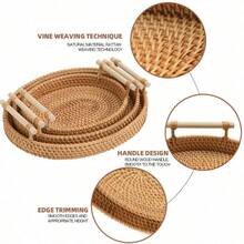 1pc Woven Storage Basket With Handle, Oval Decorative Tray For Kitchen And Dining Room, Vintage Bohemian Fruit Plate (2 Styles Randomly Shipped) - Mocha Brown-with Handle - View 4