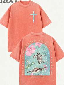 2026 Summer Clothes(230g T-Shirt) Loose Washed Cotton "When You Go Through Deep Waters" Turtle Graphic T-Shirt, Comfortable Christian Faith Tee With Bible Verse, Breathable Retro Streetwear - Gift ChoiceLoose And Comfortablesummer Tops - 珊瑚橙 - 查看 8