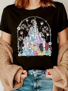 Dreamy Fairytale Castle Print Women's T-Shirt - Fashionable Design With Colorful Princess And Firework Patterns - Soft Cotton, Suitable For Everyday Leisure Wear - An Ideal Gift For Dreamers And Adventurers, Men's Clothing, Graphic T-Shirts For Men, Graphic T-Shirts For Women, Men's Clothing, Graphic T-Shirt, Cool T-Shirt, Men, Ropa De Hombre, Funny Shirts, Summer Tops, Summer, Holiday Outfits, Summer Tops SMJW ICQS - Black - View 1