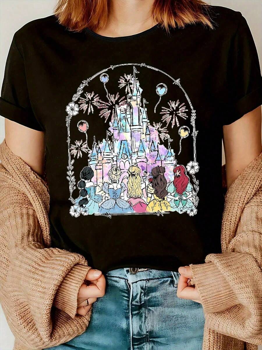 Dreamy Fairytale Castle Print Women's T-Shirt - Fashionable Design With Colorful Princess And Firework Patterns - Soft Cotton, Suitable For Everyday Leisure Wear - An Ideal Gift For Dreamers And Adventurers, Men's Clothing, Graphic T-Shirts For Men, Graphic T-Shirts For Women, Men's Clothing, Graphic T-Shirt, Cool T-Shirt, Men, Ropa De Hombre, Funny Shirts, Summer Tops, Summer, Holiday Outfits, Summer Tops SMJW ICQS - Black - View 1