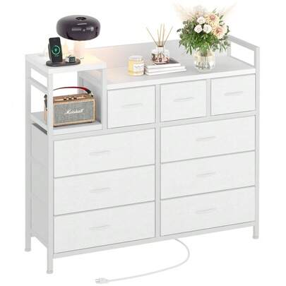 Cómoda de 9 cajones con estación de carga – Cajonera de tela y estructura de hierro resistente – Gran capacidad de almacenamiento – Ideal para dormitorio, sala o mueble de TV