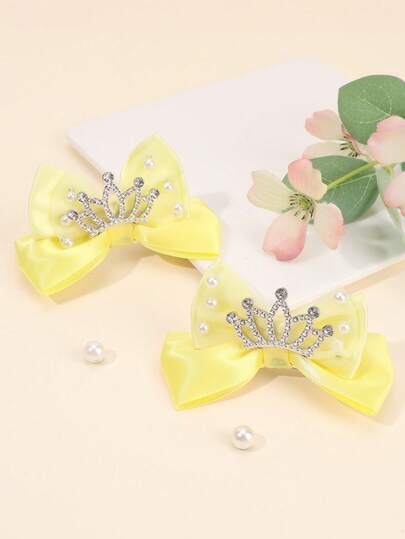 2pcs Yellow Satin Bow Hair Clips For Girls, Elegant Rhinestone Crown & Pearl Decor Fashion Barrettes, Alligator Clips & Hair Clips, Wedding, Party & Daily Wear Hair Accessories