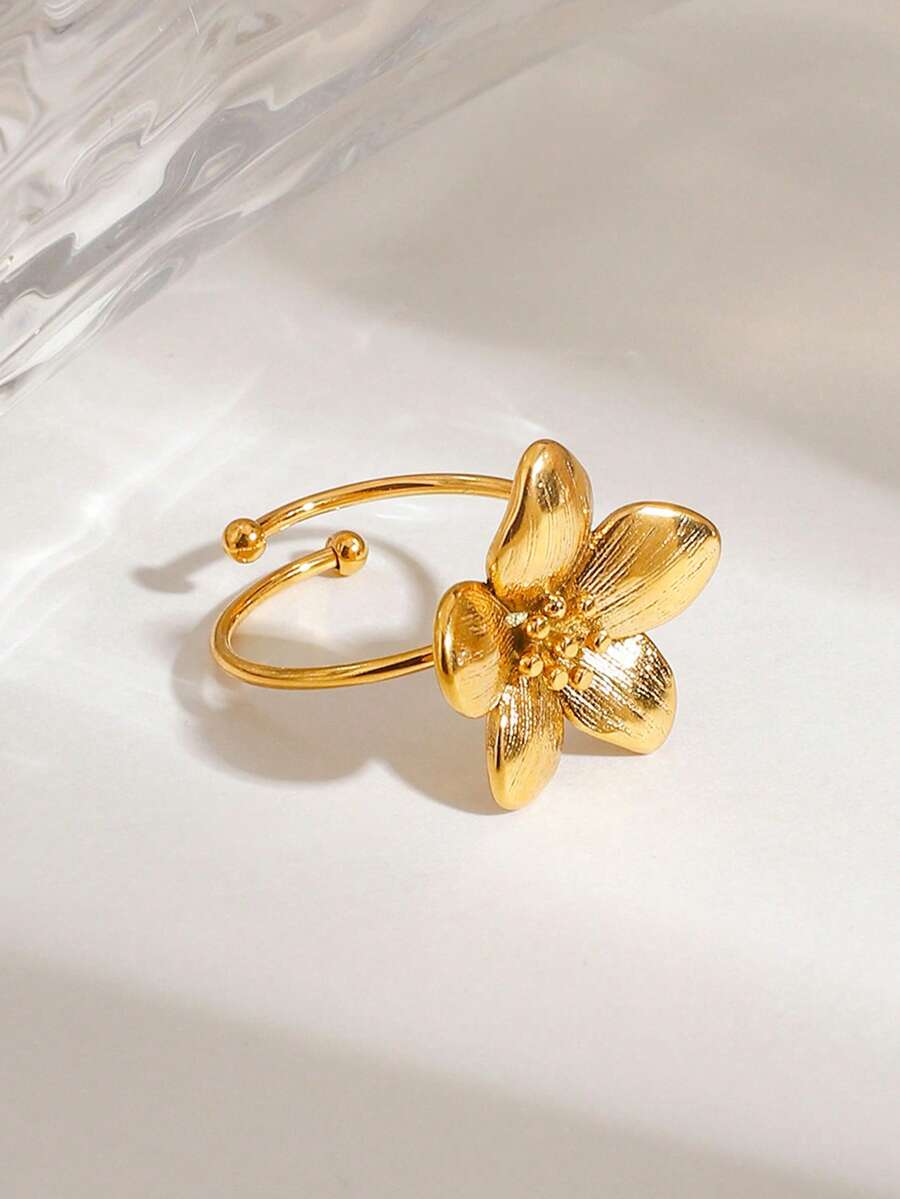 1pc Stainless Steel Flower Ring, Niche Design Elegant Finger Jewelry, Suitable For Daily Wear, Party, Gift - Gold - View 1