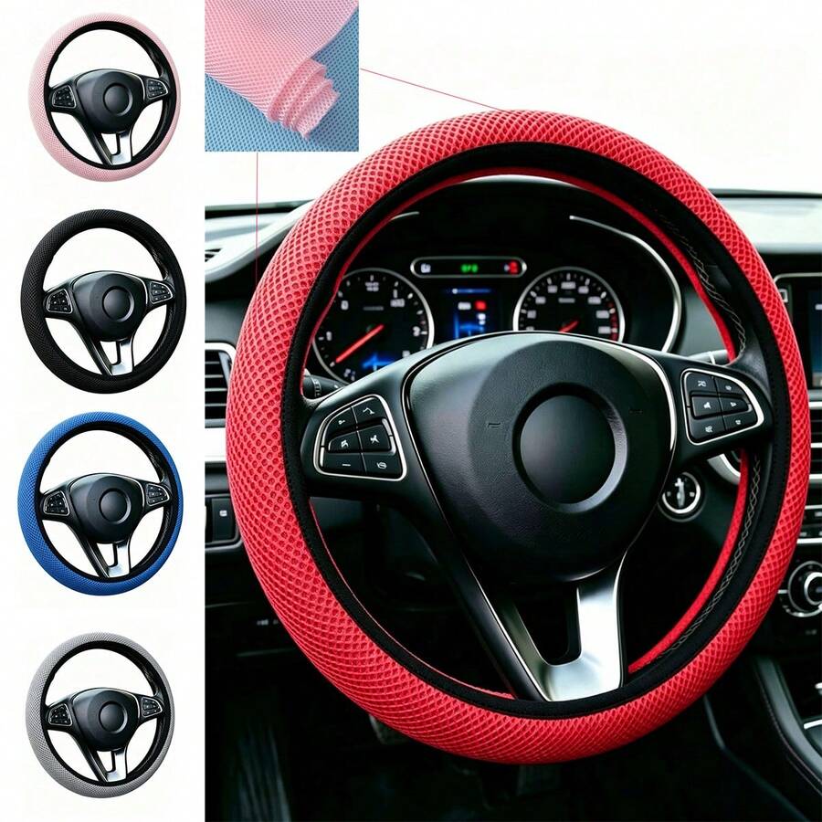 1 pieza Funda para volante de coche, diseño de malla transpirable, suave y cómoda, para uso en verano, adecuada para coches, SUV y ajuste universal, a prueba de polvo y suciedad, rosa para damas - Multicolor - Ver 1