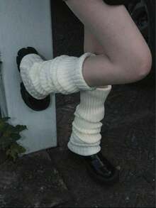 1 Pair Of Women's Solid Color Striped Warm And Cute Leg Warmers, Suitable For Spring, Autumn And Winter Wear. Keep Your Legs Warm. - 白色 - 查看 2