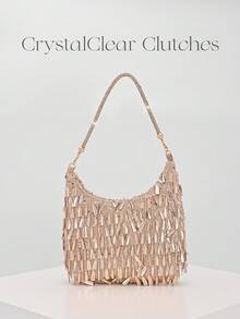 Elegant Shiny Solid Color Pendant Patchwork Handbag, Fashion Retro Chain Shoulder Bag, Mini Clutch Purse, Suitable For Party Girls, Brides, College Students, Career Women, Perfect For Party, Wedding, Matching Accessories, Pattern Randomly Sent - Champagne - View 8