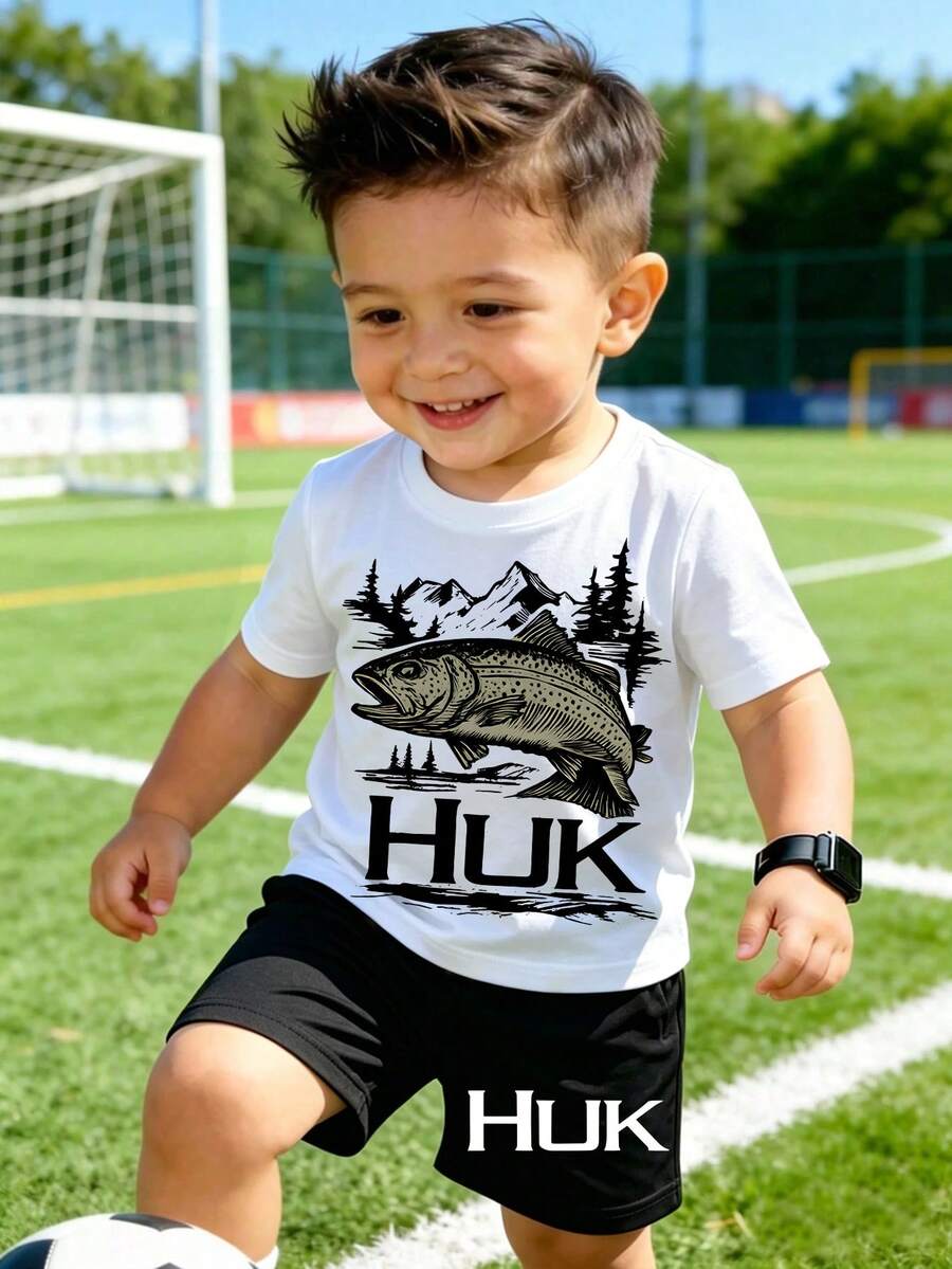 Boys' Outfit Set,HUK Fishing Trout Cartoon Print, High-Looking, Cute And Comfortable Casual Home Baby Set, Spring And Summer Simple Round-Neck Short-Sleeve T-Shirt And Shorts Set, Very Suitable For Daily Wear, Vacation, Parties, And Photos, Suitable As A Children's Holiday Gift. - 白色 - 查看 1