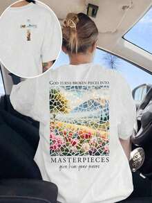 1 pieza 356T Dios Transformó Los Fragmentos Destrozados En Obras Maestras, Camiseta de Color Confort de Fe Cristiana, Sudadera Deportiva Religiosa, Top con Estampado de Versículos Bíblicos para Mujer, 180g Algodón 100% - Blanco - Ver 1