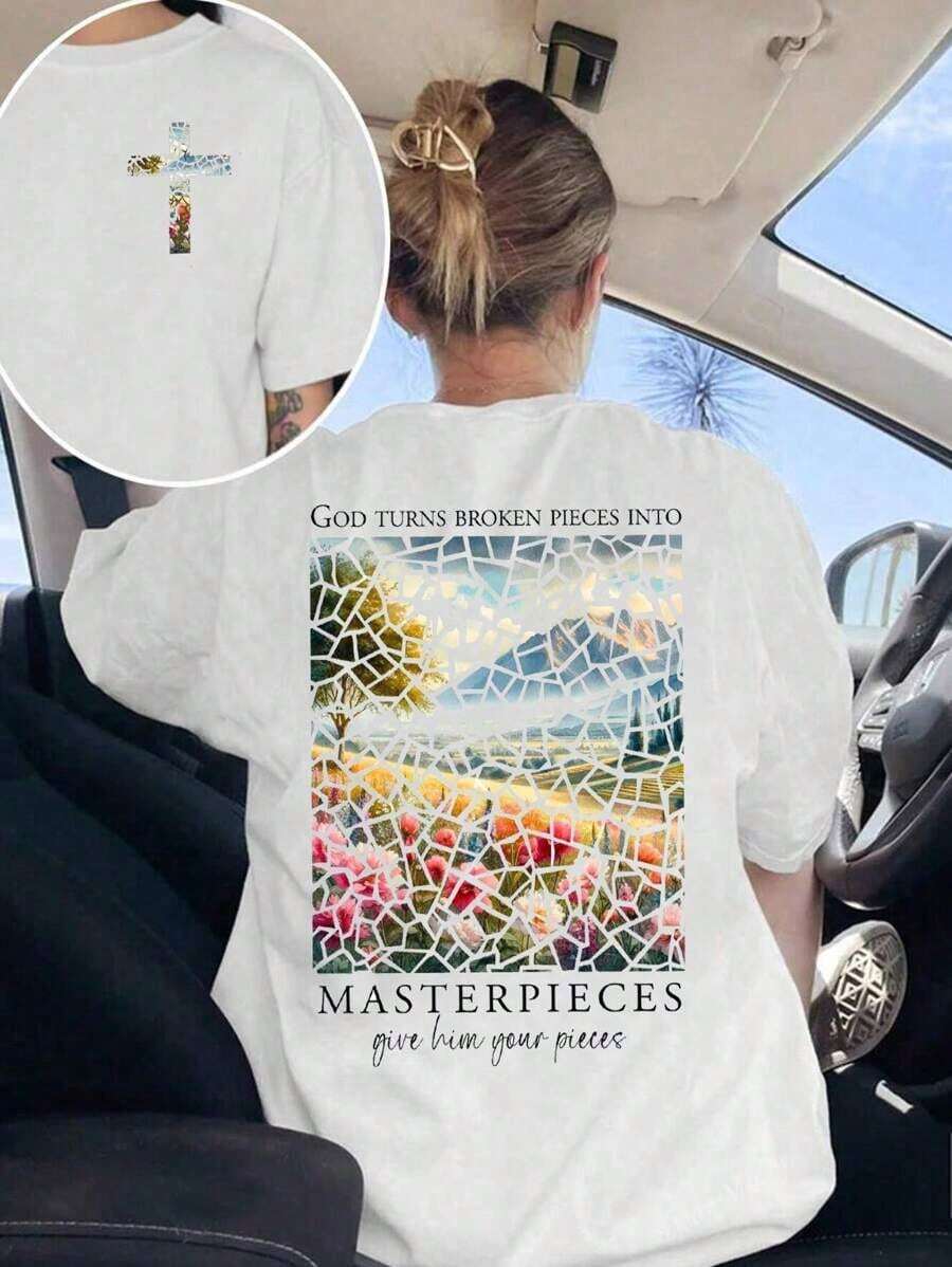 1 pieza 356T Dios Transformó Los Fragmentos Destrozados En Obras Maestras, Camiseta de Color Confort de Fe Cristiana, Sudadera Deportiva Religiosa, Top con Estampado de Versículos Bíblicos para Mujer, 180g Algodón 100% - Blanco - Ver 1
