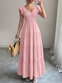 Women's Summer Flowy Long Dress Casual Covered Sleeve V-Neck Pleated Beach Sundress - Pink - View 4
