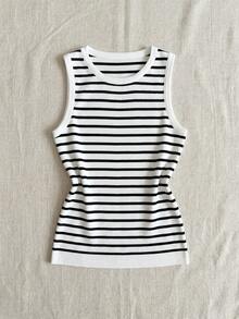 Áo tank top dệt kim kẻ sọc phối màu tương phản, phong cách tối giản thường ngày - Đen và trắng - Xem 10